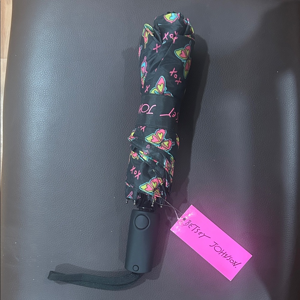 Betsey Johnson Black Umbrella with Colorful Butterflies and XOXO’s NWT